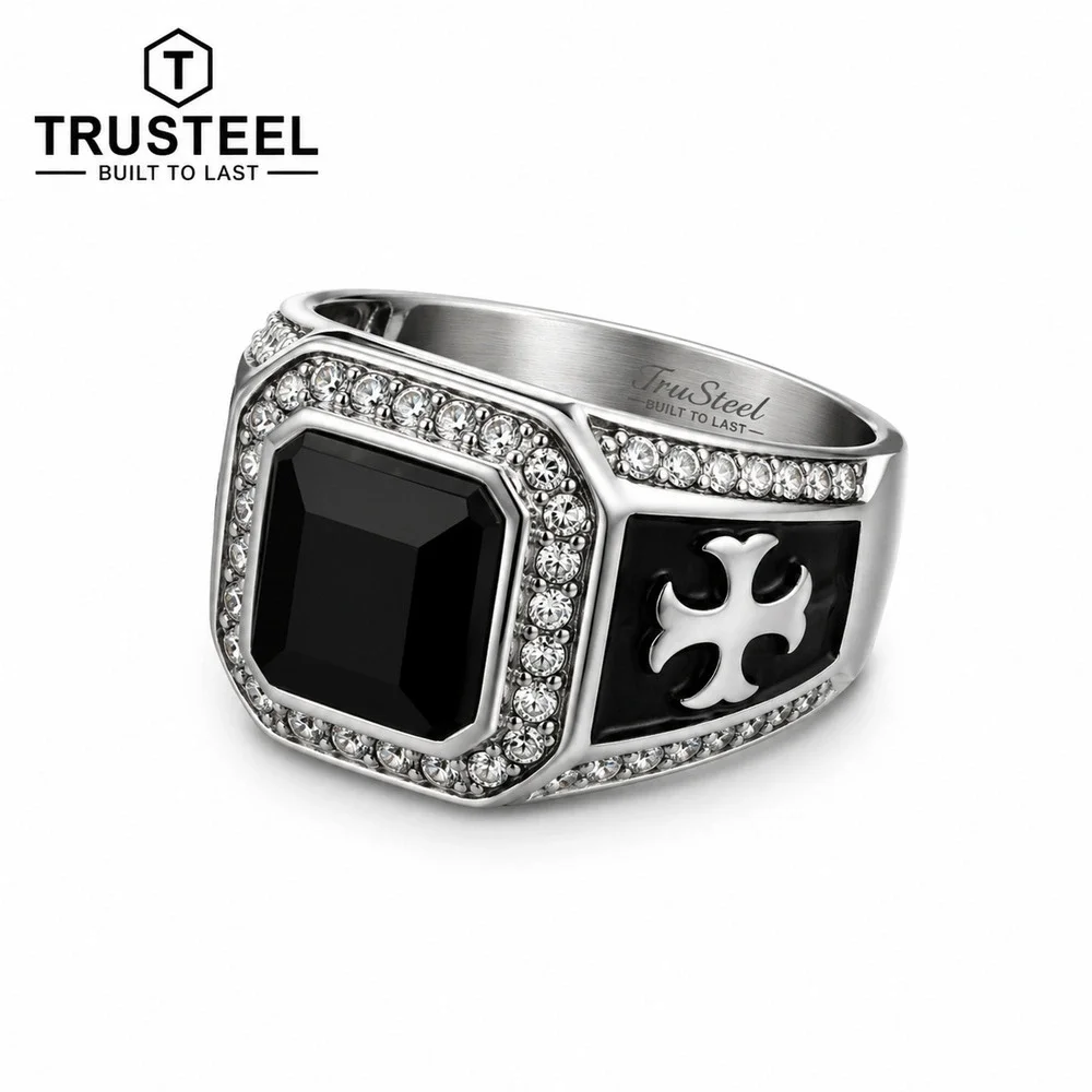 Men’s Stainless Steel Black CZ Signet Ring Cross Biker Gothic Punk Size 10